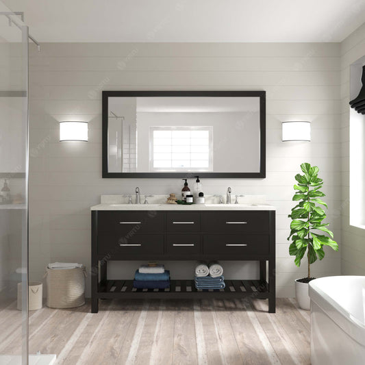 Virtu USA Caroline Estate 60" Double Bath Vanity  with Dazzle White Top and Square Sinks with Polished Chrome Faucets with Matching Mirror - Luxe Bathroom Vanities