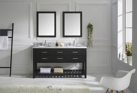 Virtu USA Caroline Estate 60" Double Bath Vanity with Marble Top and Round Sink with Polished Chrome Faucet and Mirrors - Luxe Bathroom Vanities Luxury Bathroom Fixtures Bathroom Furniture