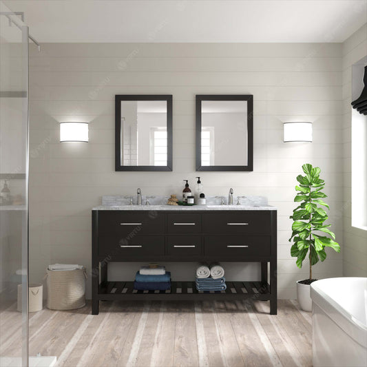 Virtu USA Caroline Estate 60" Double Bath Vanity with Marble Top and Round Sink with Brushed Nickel Faucet and Mirrors - Luxe Bathroom Vanities