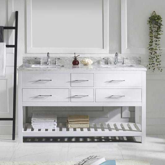 Virtu USA Caroline Estate 60" Double Bath Vanity in White with Marble Top and Square Sink with Brushed Nickel Faucet - Luxe Bathroom Vanities Luxury Bathroom Fixtures Bathroom Furniture