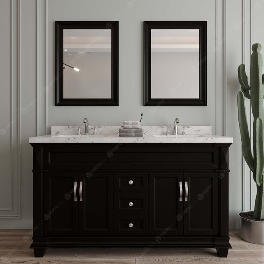 Virtu USA Victoria 60" Double Bath Vanity with White Quartz Top and Round Sinks with Polished Chrome Faucets with Matching Mirror - Luxe Bathroom Vanities