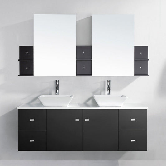 Virtu USA Clarissa 61" Double Bath Vanity with White Engineered Stone Top and Square Sink with Polished Chrome Faucet and Mirrors - Luxe Bathroom Vanities