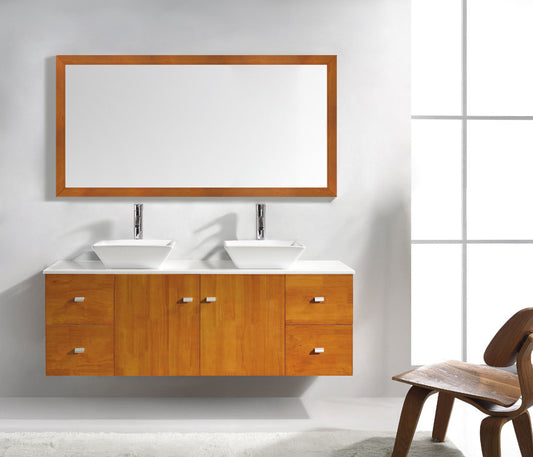 Virtu USA Clarissa 61" Double Bath Vanity in Honey Oak with White Engineered Stone Top and Square Sinks with Brushed Nickel Faucets with Matching Mirror - Luxe Bathroom Vanities