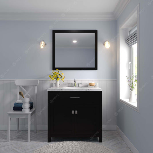 Virtu USA Caroline 36" Single Bath Vanity in Espresso with White Quartz Top and Round Sink with Polished Chrome Faucet with Matching Mirror - Luxe Bathroom Vanities