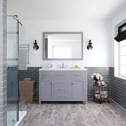 Virtu USA Caroline 48" Single Bath Vanity in Grey with Dazzle White Top and Square Sink with Brushed Nickel Faucet and Mirror - Luxe Bathroom Vanities Luxury Bathroom Fixtures Bathroom Furniture