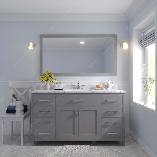 Virtu USA Caroline 60" Single Bath Vanity in Cashmere Gray with White Quartz Top and Round Sink with Brushed Nickel Faucet with Matching Mirror - Luxe Bathroom Vanities