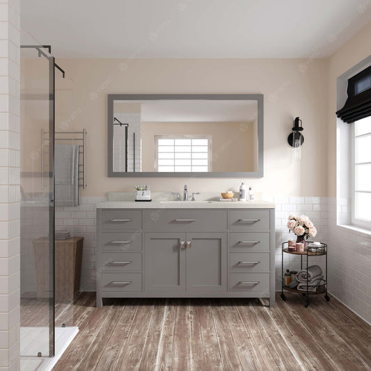 Virtu USA Caroline 60" Single Bath Vanity with White Quartz Top and Square Sink with Polished Chrome Faucet with Matching Mirror - Luxe Bathroom Vanities