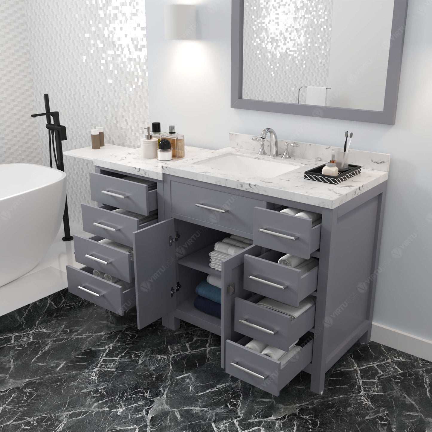Virtu USA Caroline Parkway 57" Single Bath Vanity with Cultured Marble White Quartz Top and Square Sink with Brushed Nickel Faucet with Matching Mirror - Luxe Bathroom Vanities