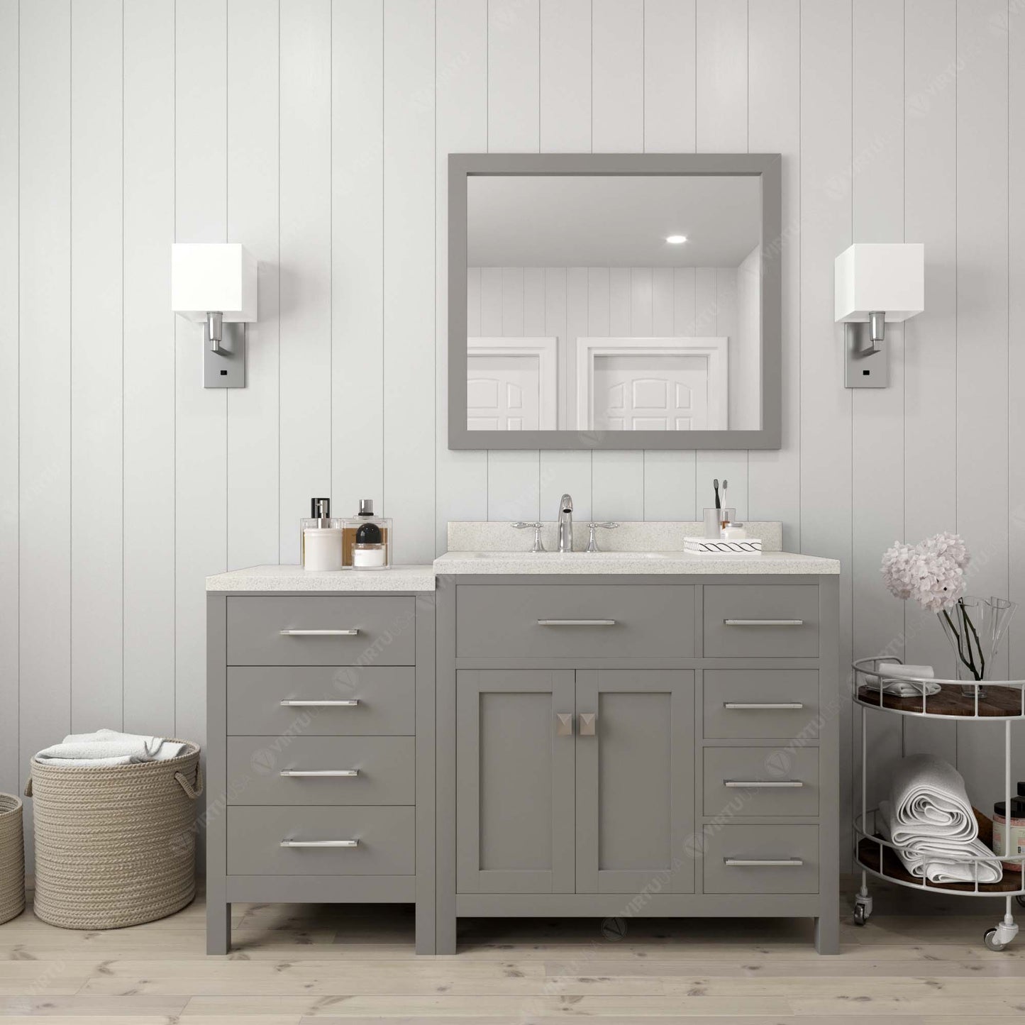 Virtu USA Caroline Parkway 57" Single Bath Vanity with Dazzle White Quartz Top and Square Sink with Brushed Nickel Faucet with Matching Mirror - Luxe Bathroom Vanities