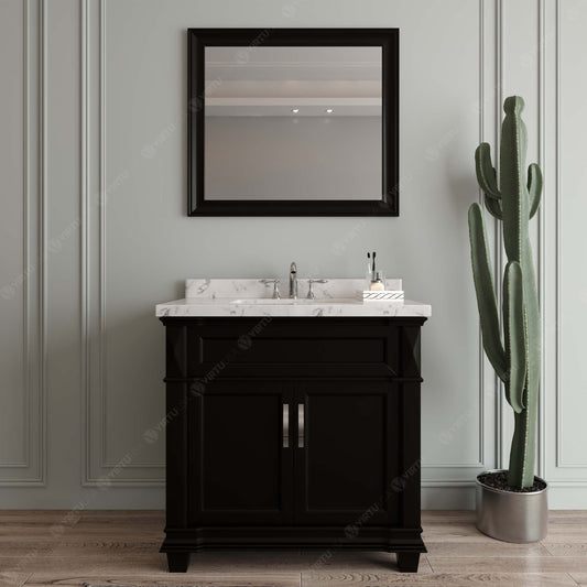 Virtu USA Victoria 36" Single Bath Vanity with White Quartz Top and Square Sink with Polished Chrome Faucet with Matching Mirror - Luxe Bathroom Vanities