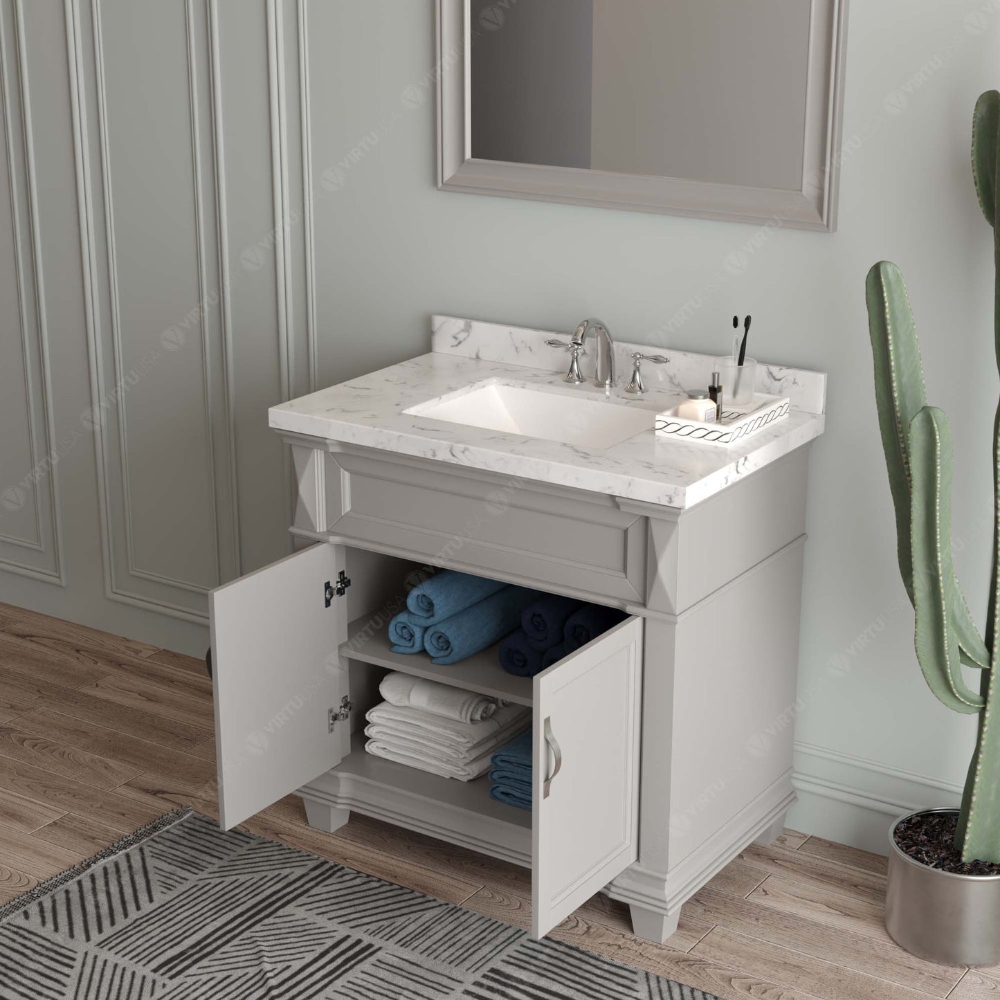Virtu USA Victoria 36" Single Bath Vanity with White Quartz Top and Square Sink with Matching Mirror - Luxe Bathroom Vanities