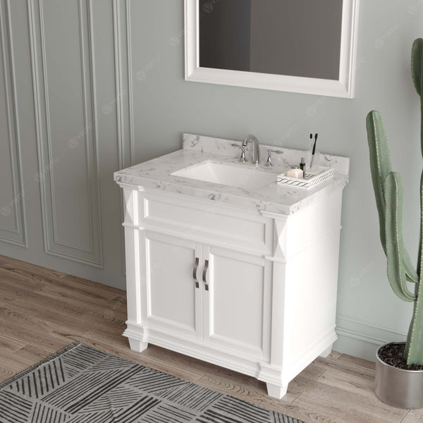 Virtu USA Victoria 36" Single Bath Vanity with White Quartz Top and Square Sink with Matching Mirror - Luxe Bathroom Vanities