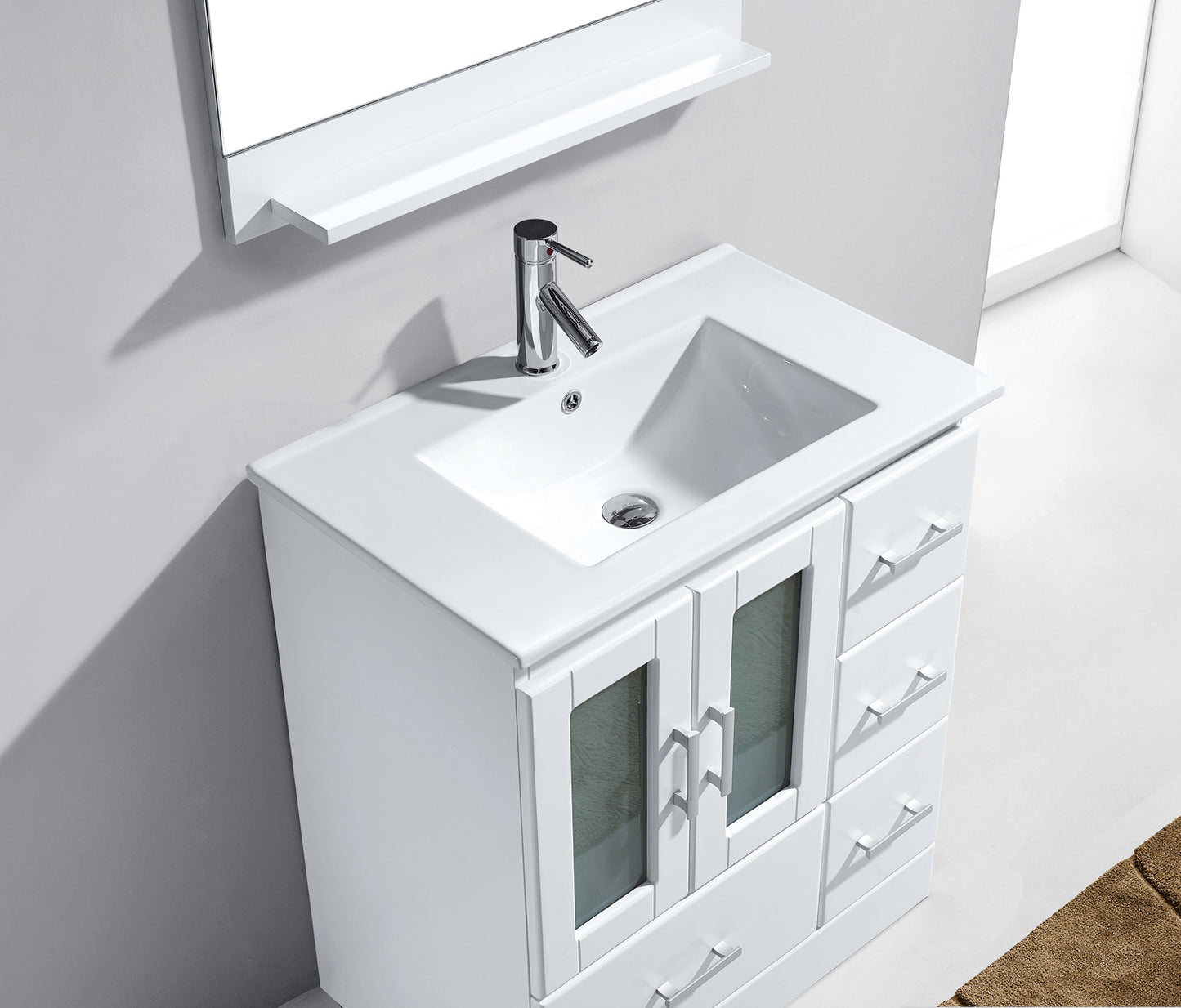 Virtu USA Zola 30" Single Bath Vanity with Slim White Ceramic Top and Square Sink with Polished Chrome Faucet and Mirror - Luxe Bathroom Vanities Luxury Bathroom Fixtures Bathroom Furniture