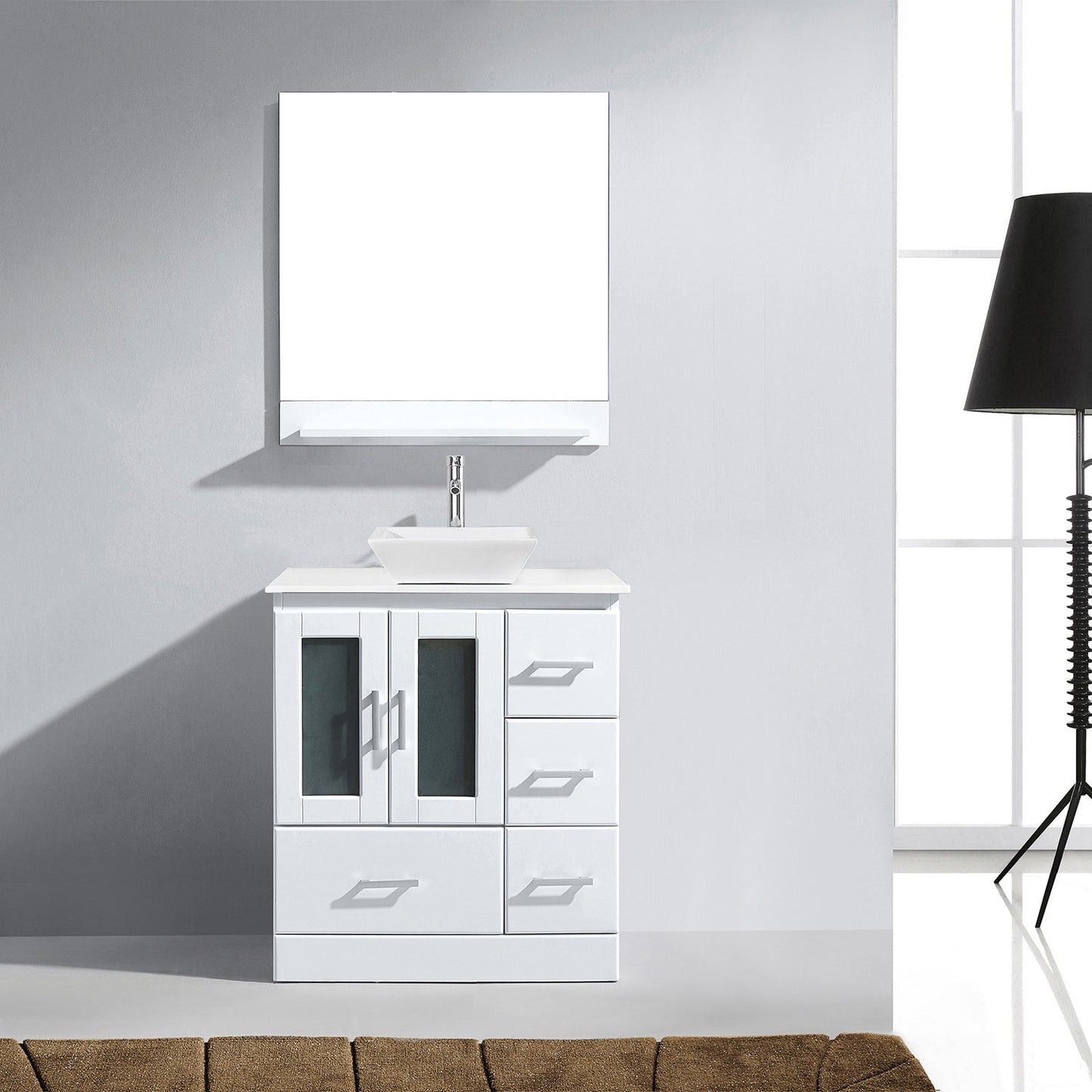 Virtu USA Zola 30" Single Bath Vanity with White Engineered Stone Top and Square Sink with Brushed Nickel Faucet and Mirror - Luxe Bathroom Vanities