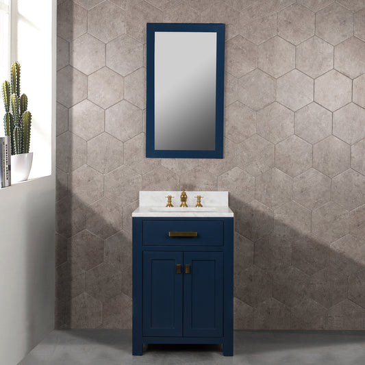 Water Creation Madison 24" Inch Single Sink Carrara White Marble Vanity In Monarch Blue with Matching Mirror - Luxe Bathroom Vanities