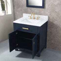 Water Creation Madison 30" Inch Single Sink Carrara White Marble Vanity In Monarch Blue with Matching Mirror - Luxe Bathroom Vanities