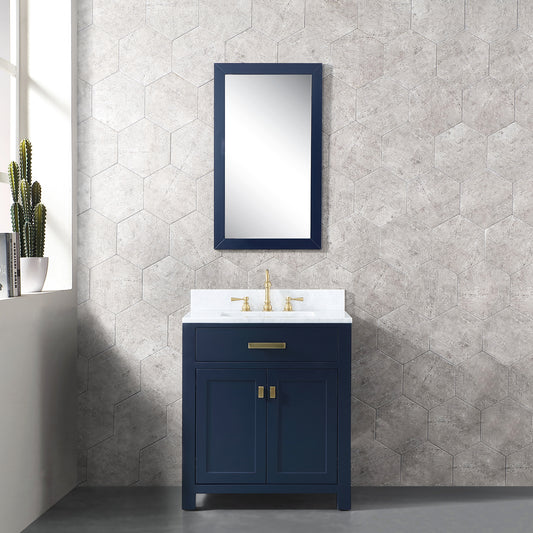 Water Creation Madison 30" Inch Single Sink Carrara White Marble Vanity In Monarch Blue with Lavatory Faucet - Luxe Bathroom Vanities