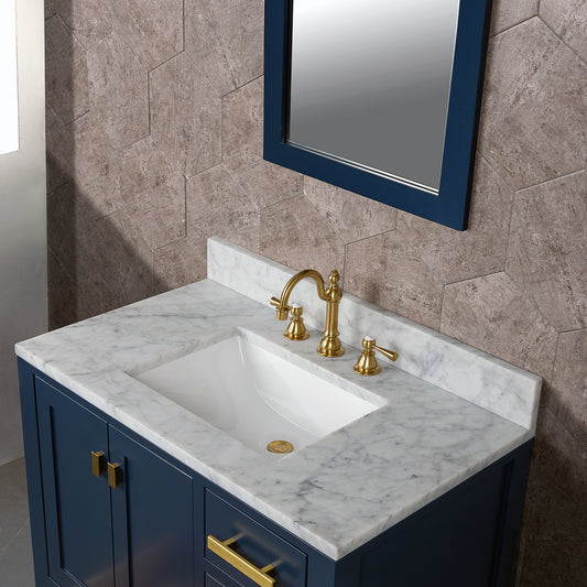 Water Creation Madison 36" Inch Single Sink Carrara White Marble Vanity In Monarch Blue with Matching Mirror and Lavatory Faucet - Luxe Bathroom Vanities