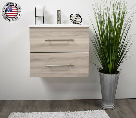 Volpa Napa 24" Modern Wall-Mounted Floating Bathroom Vanity with Ceramic Top and Round Handles - Luxe Bathroom Vanities Luxury Bathroom Fixtures Bathroom Furniture