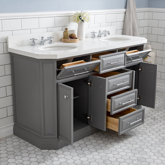 Water Creation Palace 60" Quartz Carrara Bathroom Vanity Set With Hardware And Faucets in Chrome Finish - Luxe Bathroom Vanities