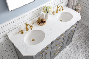 Water Creation Palace 60" Quartz Carrara Bathroom Vanity Set With Hardware And Faucets in Satin Gold Finish And Mirrors in Chrome Finish - Luxe Bathroom Vanities