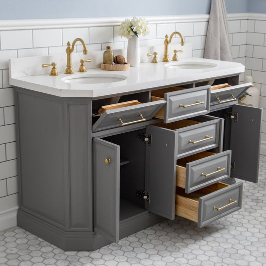 Water Creation Palace 60" Quartz Carrara Bathroom Vanity Set With Hardware And Faucets in Satin Gold Finish And Mirrors in Chrome Finish - Luxe Bathroom Vanities