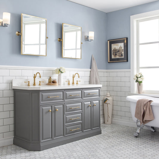 Water Creation Palace 60" Quartz Carrara Bathroom Vanity Set with Hardware and Faucets in Satin Gold Finish And Only Mirrors in Chrome Finish - Luxe Bathroom Vanities