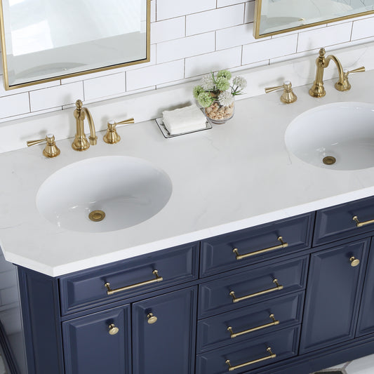 Water Creation Palace 60" Inch Double Sink White Quartz Countertop Vanity in Monarch Blue with Hook Faucets - Luxe Bathroom Vanities