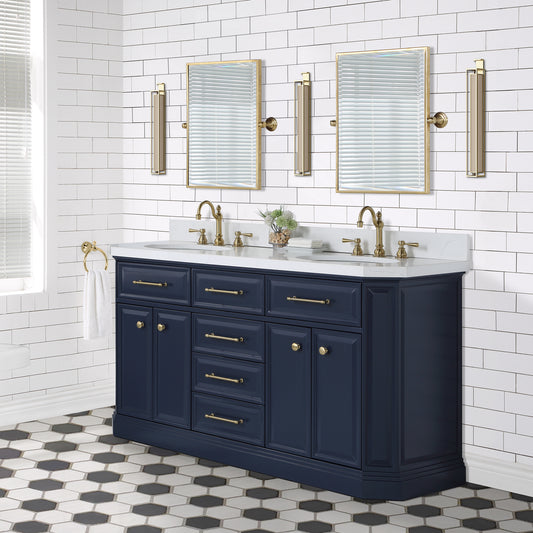 Water Creation Palace 60" Inch Double Sink White Quartz Countertop Vanity in Monarch Blue with Mirrors - Luxe Bathroom Vanities