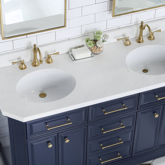 Water Creation Palace 60" Inch Double Sink White Quartz Countertop Vanity in Monarch Blue with Hook Faucets and Mirrors - Luxe Bathroom Vanities
