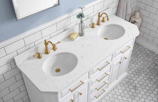 Water Creation Palace 60" Quartz Carrara Bathroom Vanity Set With Hardware And Faucets in Satin Gold Finish And Mirrors in Chrome Finish - Luxe Bathroom Vanities