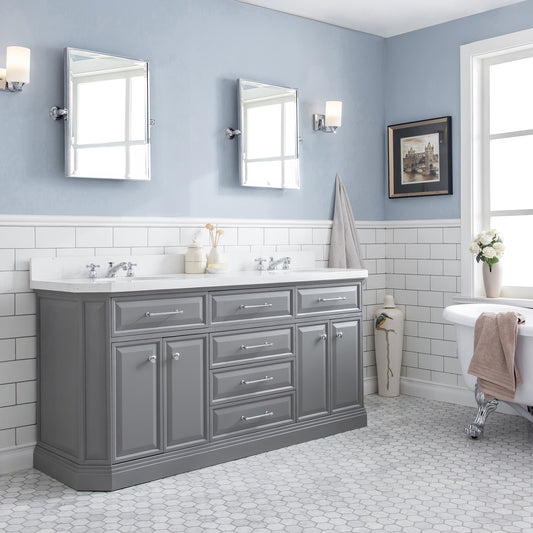 Water Creation Palace 72" Quartz Carrara Bathroom Vanity Set With Hardware And Faucets in Chrome Finish - Luxe Bathroom Vanities