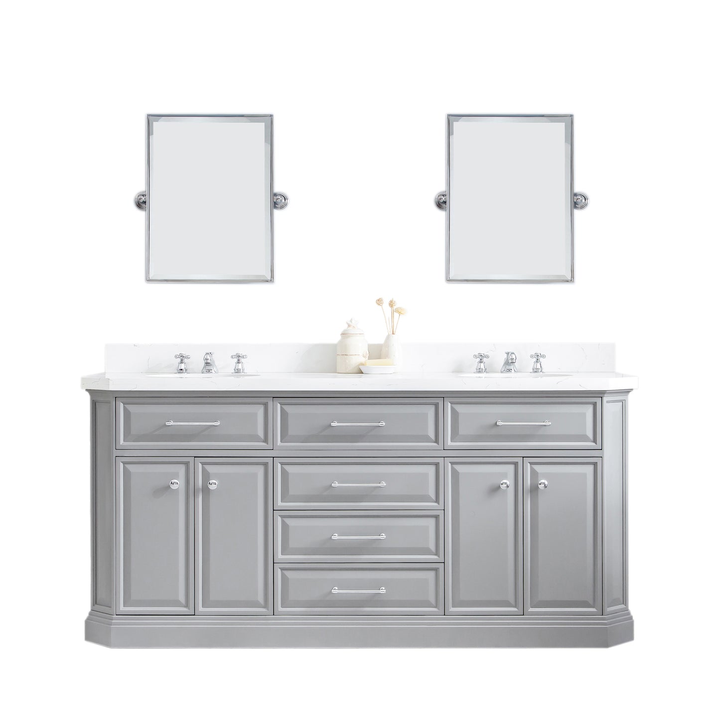 Water Creation Palace 72" Quartz Carrara Bathroom Vanity Set with Hardware and Faucets and Mirror in Chrome Finish - Luxe Bathroom Vanities
