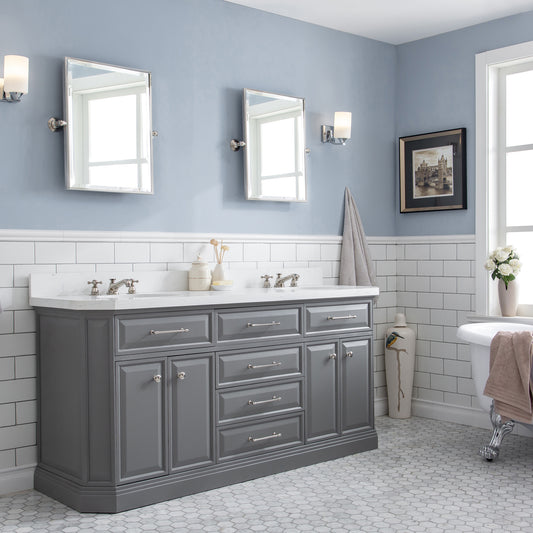 Water Creation Palace 72" Quartz Carrara Bathroom Vanity Set With Hardware And Faucets in Polished Nickel (PVD) Finish - Luxe Bathroom Vanities