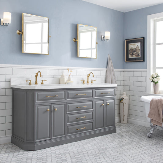 Water Creation Palace 72" Quartz Carrara Bathroom Vanity Set with Hardware and Faucets in Satin Gold Finish - Luxe Bathroom Vanities