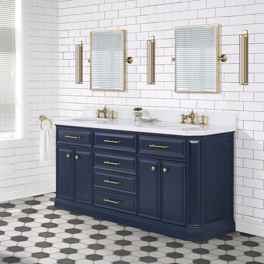 Water Creation Palace 72" Inch Double Sink White Quartz Countertop Vanity in Monarch Blue with Waterfall Faucets and Mirrors - Luxe Bathroom Vanities