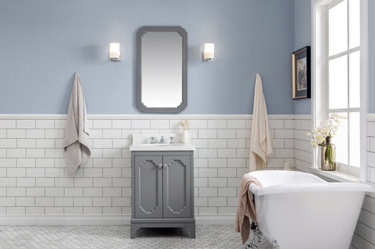 Water Creation Queen 24" Inch Single Sink Quartz Carrara Vanity with Matching Mirror and Lavatory Faucet - Luxe Bathroom Vanities