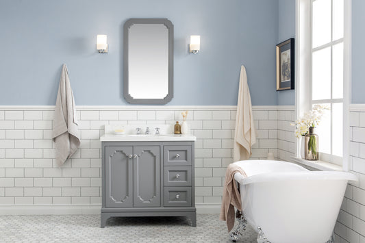 Water Creation Queen 36" Inch Single Sink Quartz Carrara Vanity with Matching Mirror and Lavatory Faucet - Luxe Bathroom Vanities