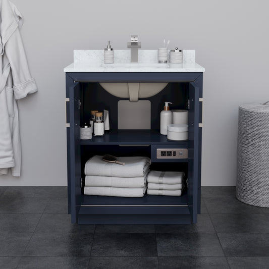 Wyndham Icon 30 Inch Single Bathroom Vanity Carrara Cultured Marble Countertop with Undermount Square Sink and 24 Inch Mirror - Luxe Bathroom Vanities