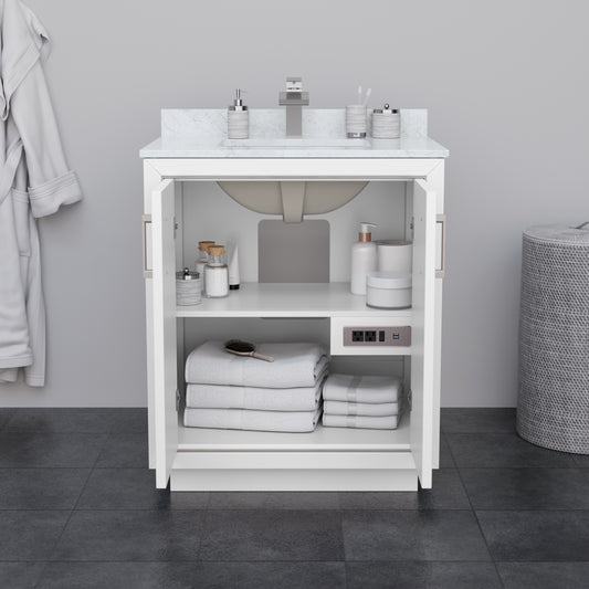 Wyndham Icon 30 Inch Single Bathroom Vanity in White with White Cultured Marble Countertop, Undermount Square Sink, Satin Bronze Trim and 24 Inch Mirror - Luxe Bathroom Vanities