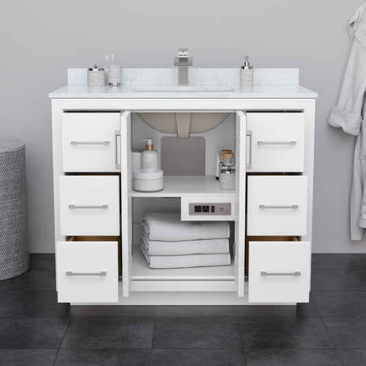 Wyndham Icon 42 Inch Single Bathroom Vanity in White with White Carrara Marble Countertop, Undermount Square Sink, Satin Bronze Trim and 34 Inch Mirror - Luxe Bathroom Vanities