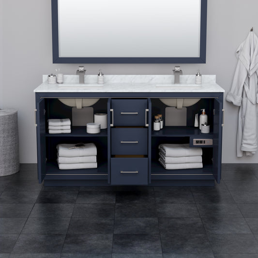 Wyndham Icon 66 Inch Double Bathroom Vanity White Carrara Marble Countertop with Undermount Square Sinks in Brushed Nickel Trim - Luxe Bathroom Vanities