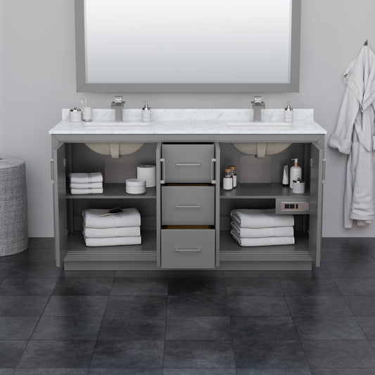 Wyndham Icon 66 Inch Double Bathroom Vanity Carrara Cultured Marble Countertop with Undermount Square Sinks, Matte Black Trim and 58 Inch Mirror - Luxe Bathroom Vanities