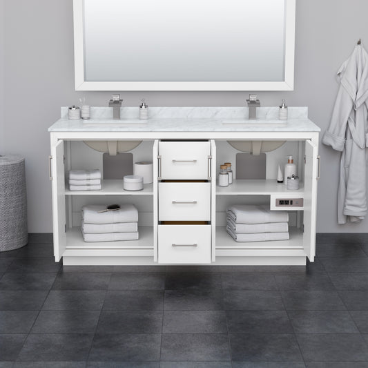 Wyndham Icon 66 Inch Double Bathroom Vanity in White with White Carrara Marble Countertop, Undermount Square Sinks, Satin Bronze Trim and 58 Inch Mirror - Luxe Bathroom Vanities