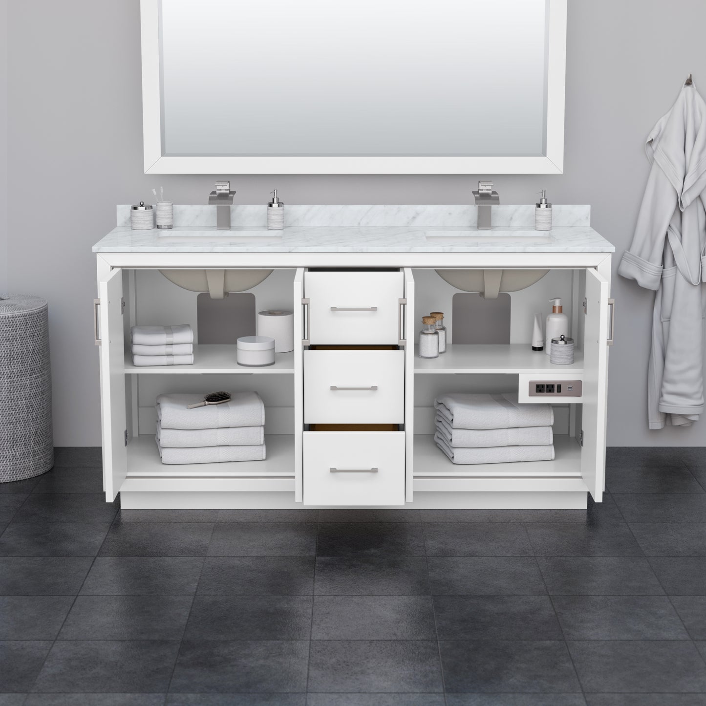 Wyndham Icon 66 Inch Double Bathroom Vanity in White with Carrara Cultured Marble Countertop, Undermount Square Sinks, Satin Bronze Trim and 58 Inch Mirror - Luxe Bathroom Vanities
