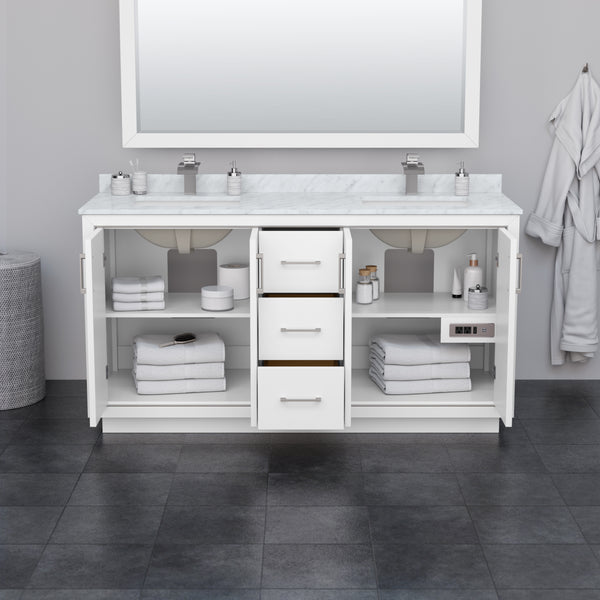 Wyndham Icon 66 Inch Double Bathroom Vanity Carrara Cultured Marble Countertop with Undermount Square Sinks and Brushed Nickel Trim - Luxe Bathroom Vanities