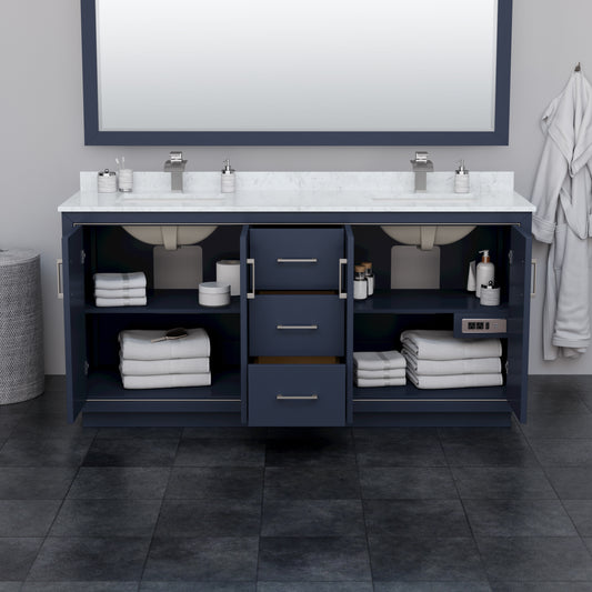 Wyndham Icon 72 Inch Double Bathroom Vanity White Cultured Marble Countertop with Undermount Square Sinks, Brushed Nickel Trim and 70 Inch Mirror - Luxe Bathroom Vanities