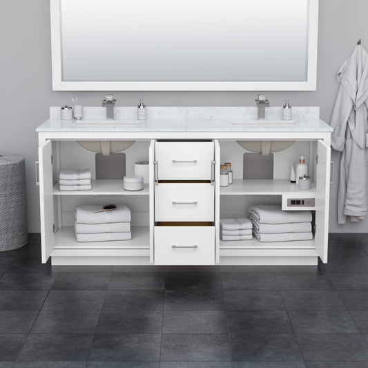 Wyndham Icon 72 Inch Double Bathroom Vanity in White with Carrara Cultured Marble Countertop, Undermount Square Sinks, Satin Bronze Trim and 70 Inch Mirror - Luxe Bathroom Vanities