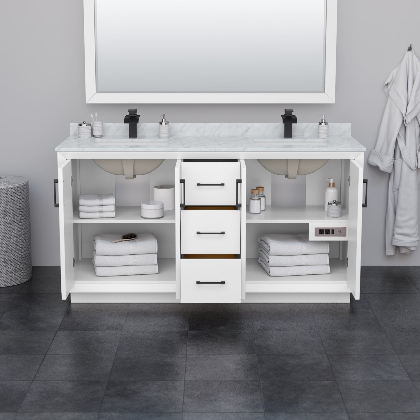 Wyndham Strada 66 Inch Double Bathroom Vanity White Carrara Marble Countertop Undermount Square Sink 58 Inch Mirror - Luxe Bathroom Vanities