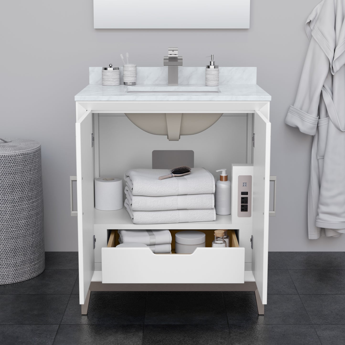 Wyndham Marlena 30 Inch Single Bathroom Vanity with White Carrara Marble Countertop and Sink - Luxe Bathroom Vanities